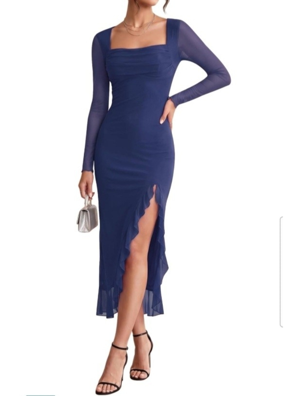 Elegant Navy Square-Neck Ruffle Midi Dress